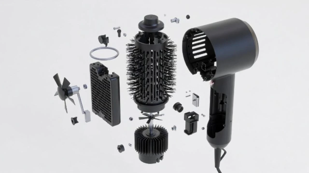 "An exploded-view diagram of a "One Step Hair Dryer and Styler", with all its components floating in perfect alignment mid-air against a clean white background. Show the internal brush barrel, ionic generator, motor, and sleek outer casing in matte black. Technical illustration style, crisp shadows, highly detailed, 3D render"