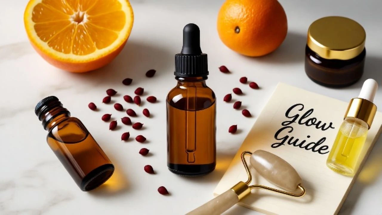 A professional, beautifully lit flat lay photography of skincare featuring a glass dropper bottle of Vitamin C oil as the central hero item. Surround the bottle with fresh orange slices, rosehip seeds, and a small, elegant bottle of rosehip oil to signify natural ingredients. Include other skincare items like a jade roller, a small pot of hyaluronic acid serum, and a simple, clean notepad with "Glow Guide" written on it. The background should be a clean, bright marble or light wood surface. The style should be fresh, natural, and aspirational, with soft shadows and a focus on the amber glass bottle
