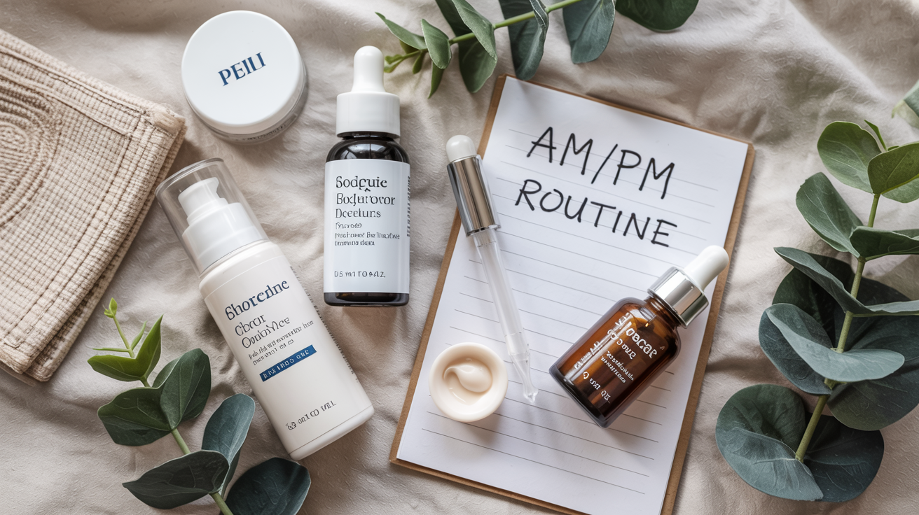 A clean, aesthetic flat lay on a beige background featuring skincare products including a white jar with a gold lid, a large white pump bottle labeled "Moisturizer", a small clear dropper bottle with serum, a gold-lidded moisturizer jar labeled "Moisturizer", a yellow oil dropper bottle with vitamin E oil for skin, a small white open jar, and a spiral notepad with "AM/PM Routine" handwritten on it, accompanied by a gold pencil.