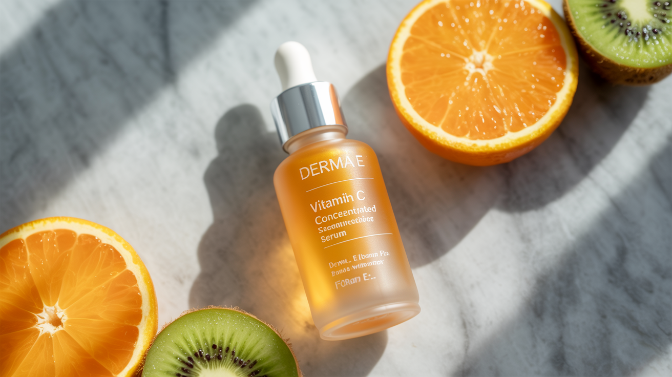 A professional, clean beauty flat lay. The focal point is a sleek, opaque glass bottle of "Derma E Vitamin C Serum" with a dropper, placed on a minimalist, light grey marble surface. Next to it, place fresh, sliced oranges and kiwi, and dewy, plump citrus halves. The lighting is bright, soft, and natural, creating fresh reflections on the bottle.