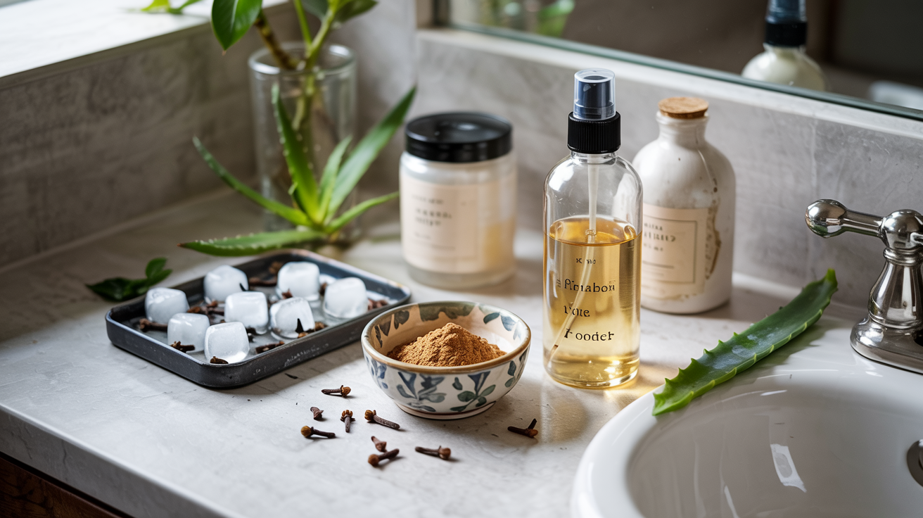 "A serene, well-lit bathroom vanity with a minimalist aesthetic. In the center, a small beautiful ceramic bowl holds whole cloves and clove powder. Surrounding it are the final DIY products: a clear glass spray bottle with golden liquid (toner), a jar of translucent gel, a ceramic bottle of infused oil, and clove ice cubes in a tray. A fresh aloe vera leaf and mint sprig are nearby. Soft, natural morning light, shallow depth of field, clean and inviting composition. Photography, 4K, hyperrealistic."
