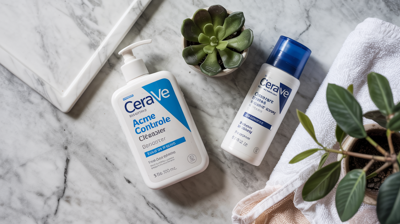 Close-up of CeraVe Acne Control Cleanser arranged flat lay on a neutral marble surface
