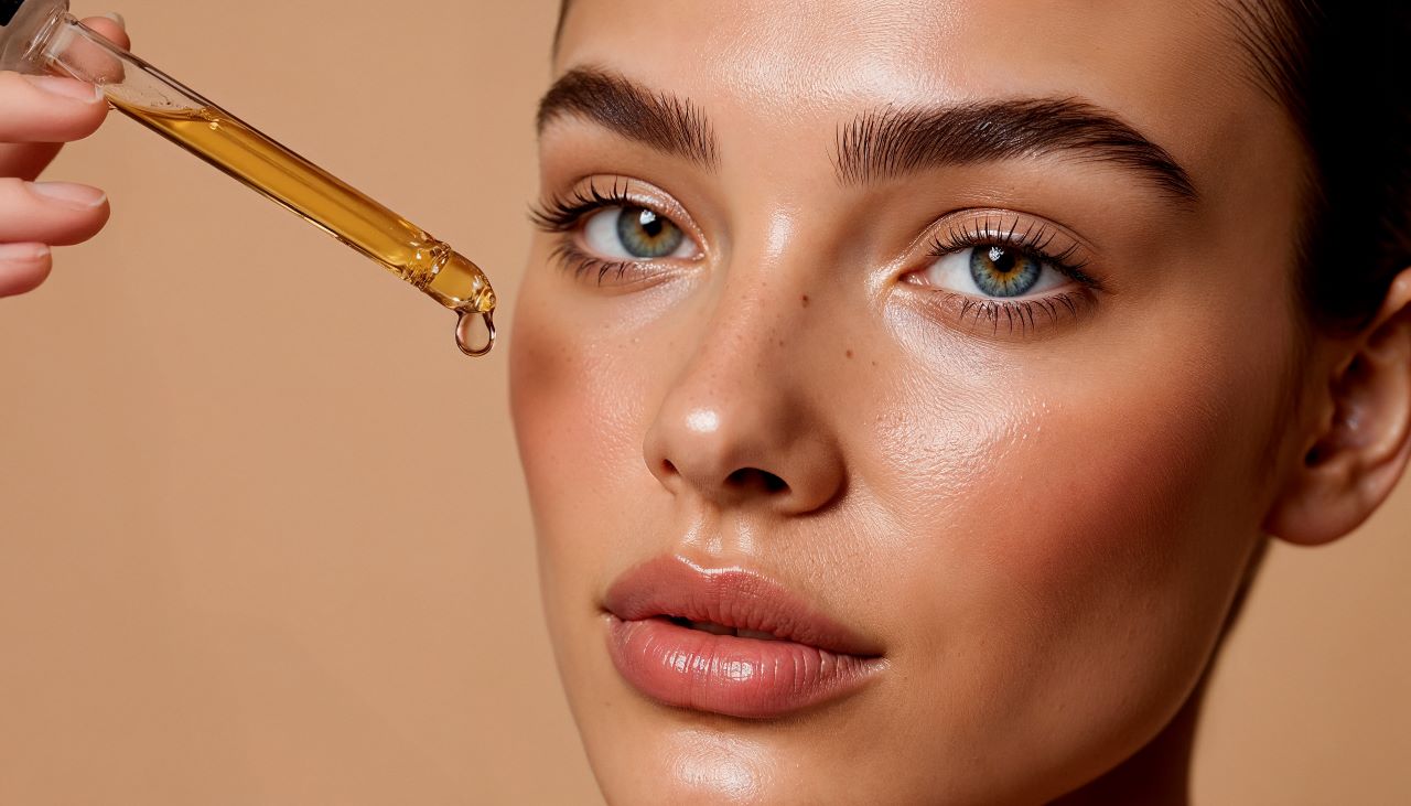 Close-up of a young woman with fair skin, blue eyes, and dark eyebrows, gazing upward as she applies a drop of golden liquid serum or oil from a glass dropper to her cheek against a neutral beige background.The image answers the query can you use vitamin e oil on your face