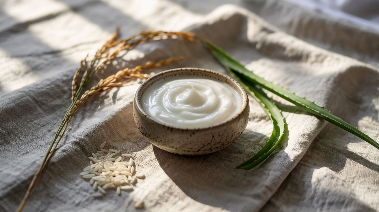 A serene, minimalist flat-lay photography of a small ceramic bowl filled with luxurious, silky white rice cream. A fresh rice plant stalk, a few grains of uncooked rice, and a sprig of aloe vera lie beside it on a textured, light linen cloth. Soft, natural morning light from the side, creating gentle shadows.