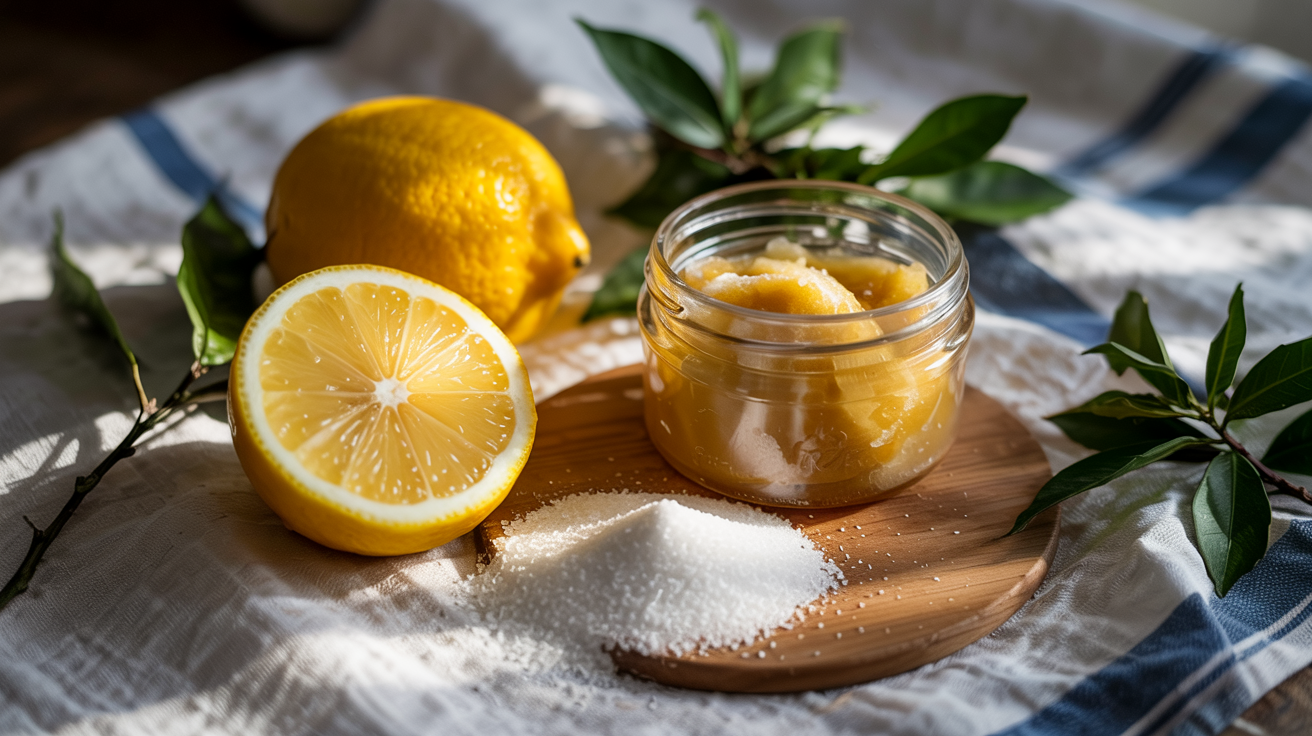 A stylized still life with a lemon cut in half, sugar spilling artistically next to it, and a jar of yellow-toned scrub. Sunlight streams across the composition, emphasizing "brightness." Style is fresh and vibrant. Sugar Scrub Recipe