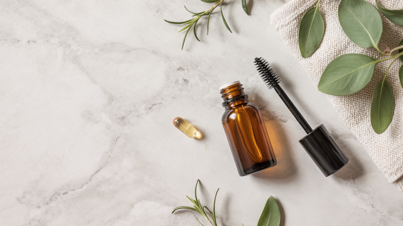 "Flat lay photography, top-down view on a clean, light marble or linen background. Featuring a small amber glass dropper bottle of pure vitamin E oil, a single vitamin E capsule pierced with a drop of oil next to it, a clean mascara spoolie brush, and a few delicate green leaves (like rosemary or eucalyptus) for a natural, fresh feel. Soft, diffused natural lighting, shallow depth of field, aesthetic and minimalist style, suitable for a beauty blog. The image highlights "Vitamin E Oil for lashes"