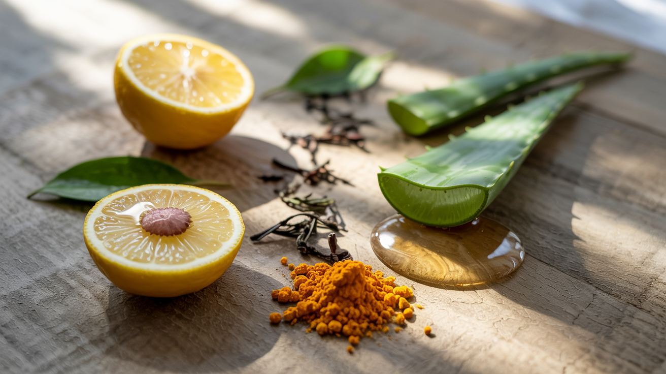 A beautifully arranged flat lay on a textured, neutral stone surface. The composition tells a "before and after" or "transformation" story through ingredients. Foreground & Focus: On the left side, a fresh lemon half with a single, pronounced brown spot on its peel (symbolizing pigmentation). A droplet of water sits on the spot, magnifying it. Leading from this to the right side of the image is a gentle sprinkle of vibrant turmeric powder and dried green tea leaves, like a path. Center & Right Side: The path leads to a pristine, open aloe vera leaf with its glowing gel exposed, and a small dish of raw, golden honey. These elements look clean, potent, and restorative. A soft, natural light beam shines specifically on the aloe gel and honey, making them look like the solution. Mood: Tranquil, hopeful, and scientific in a natural way. The image symbolizes the journey from "problem" (the spotted lemon) to "natural solution" (the aloe and honey) using earth's ingredients.
