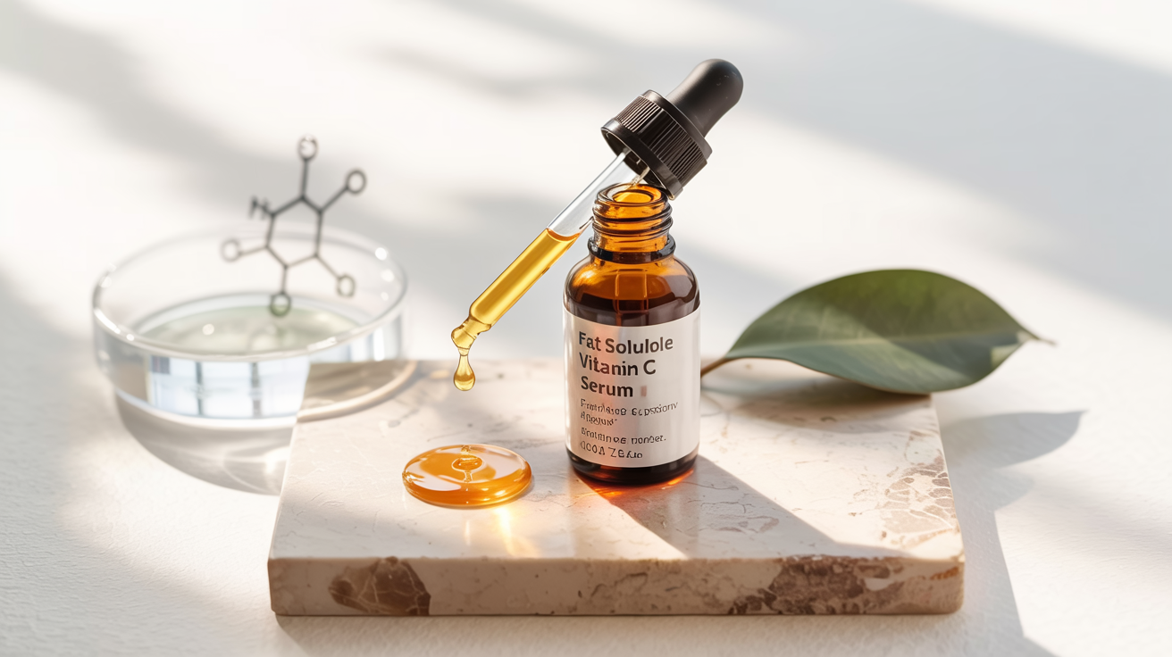 Photorealistic studio shot of a sleek, amber glass dropper bottle of 'Fat Soluble Vitamin C Serum' on a textured marble or lab bench surface. A single, luminous drop of golden serum is suspended from the dropper, catching the light. In the soft-focus background, subtle scientific elements like a molecular structure diagram or a leaf (for natural origin) are visible. The lighting is warm, side-lit to create glow and highlight the serum's luxurious texture