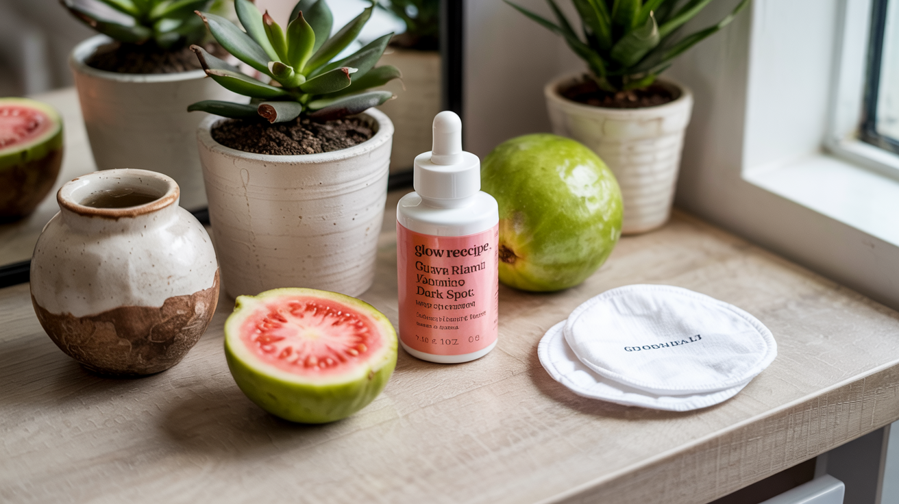 Aesthetic flat lay on a vanity table featuring the Glow Recipe Guava Vitamin C Dark Spot Serum next to a small potted plant, fresh guava, and other simple skincare items (cotton pads, a ceramic vessel), soft natural morning light, Instagrammable, aspirational.