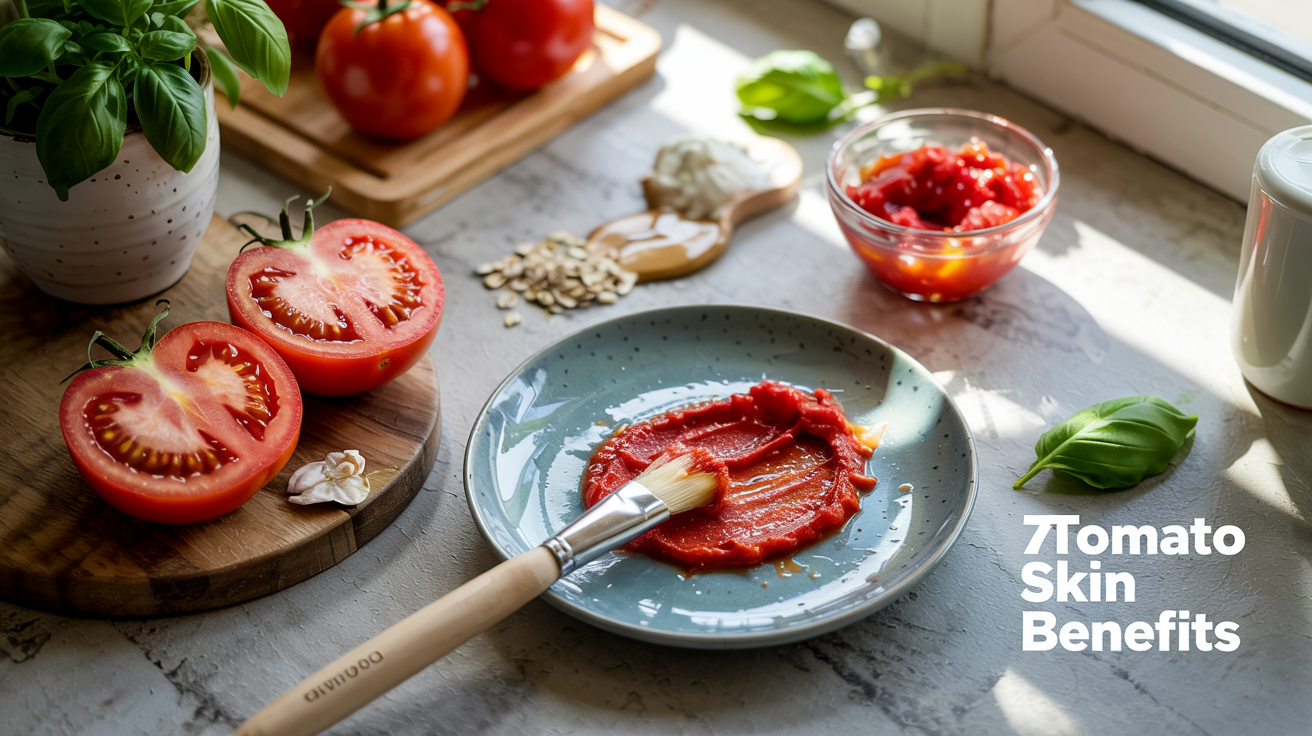 A vibrant, well-lit flat lay composition on a clean, rustic kitchen countertop. The scene features: a halved, fresh, glistening red tomato with seeds visible; a small bowl of bright tomato pulp; a gentle pile of other natural ingredients like honey, yogurt, and oatmeal; a soft brush resting on a ceramic plate with a freshly applied, reddish face mask swatch; and a few basil leaves for color contrast. Sunlight streams in from the side, creating fresh, natural shadows. The style is bright, inviting, and focused on natural beauty and home remedies. In the corner, overlay text in a clean, modern font: "7 Tomato Skin Benefits." The image highlights benefits of tomato for skin