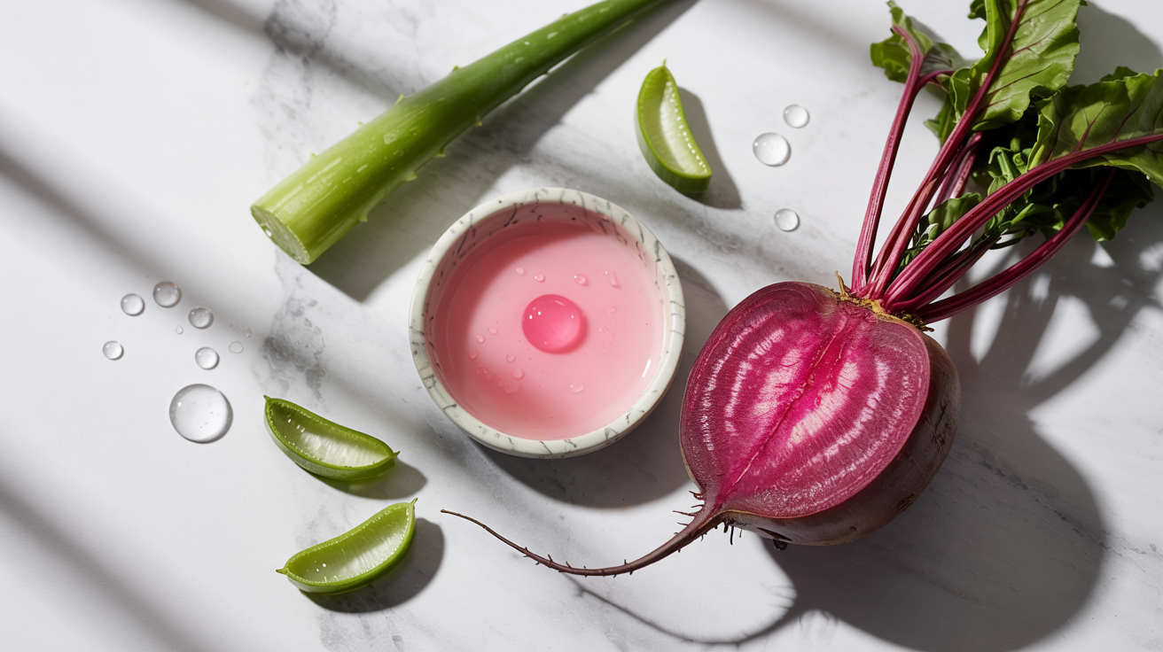 A minimalist flat lay photography featuring a fresh, raw beetroot cut in half to reveal its vibrant magenta interior, placed beside a small bowl of glowing pink skincare serum on a marble surface, with a suspended drop of serum, fresh aloe leaves, and water droplets, highlighting beetroot benefits for skin in a bright, crisp composition evoking purity and natural wellness.