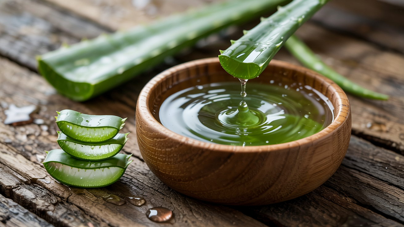 A close-up image of a wooden bowl filled with vibrant green aloe vera gel, capturing a droplet mid-fall creating ripples on the surface, accompanied by a fresh aloe vera leaf and scattered gel droplets on a rustic wooden background.