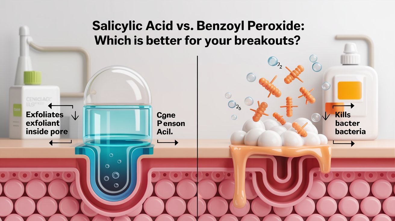A clean, modern, infographic-style image comparing two acne-fighting ingredients. On the left side, represent Salicylic Acid: visualize a clear, blue-toned gel or liquid penetrating a stylized, cross-section of a pore clogged with oil and dead skin cells. Use icons of a chemical exfoliant (like a gentle brush) and the words "Exfoliates Inside Pore". On the right side, represent Benzoyl Peroxide: visualize a white cream releasing oxygen molecules (as tiny O2 bubbles) attacking stylized orange P. acnes bacteria on the skin's surface. Use icons of antibacterial shield and the words "Kills Bacteria". Center the title: "Salicylic Acid vs. Benzoyl Peroxide: Which is Better for Your Breakouts?".